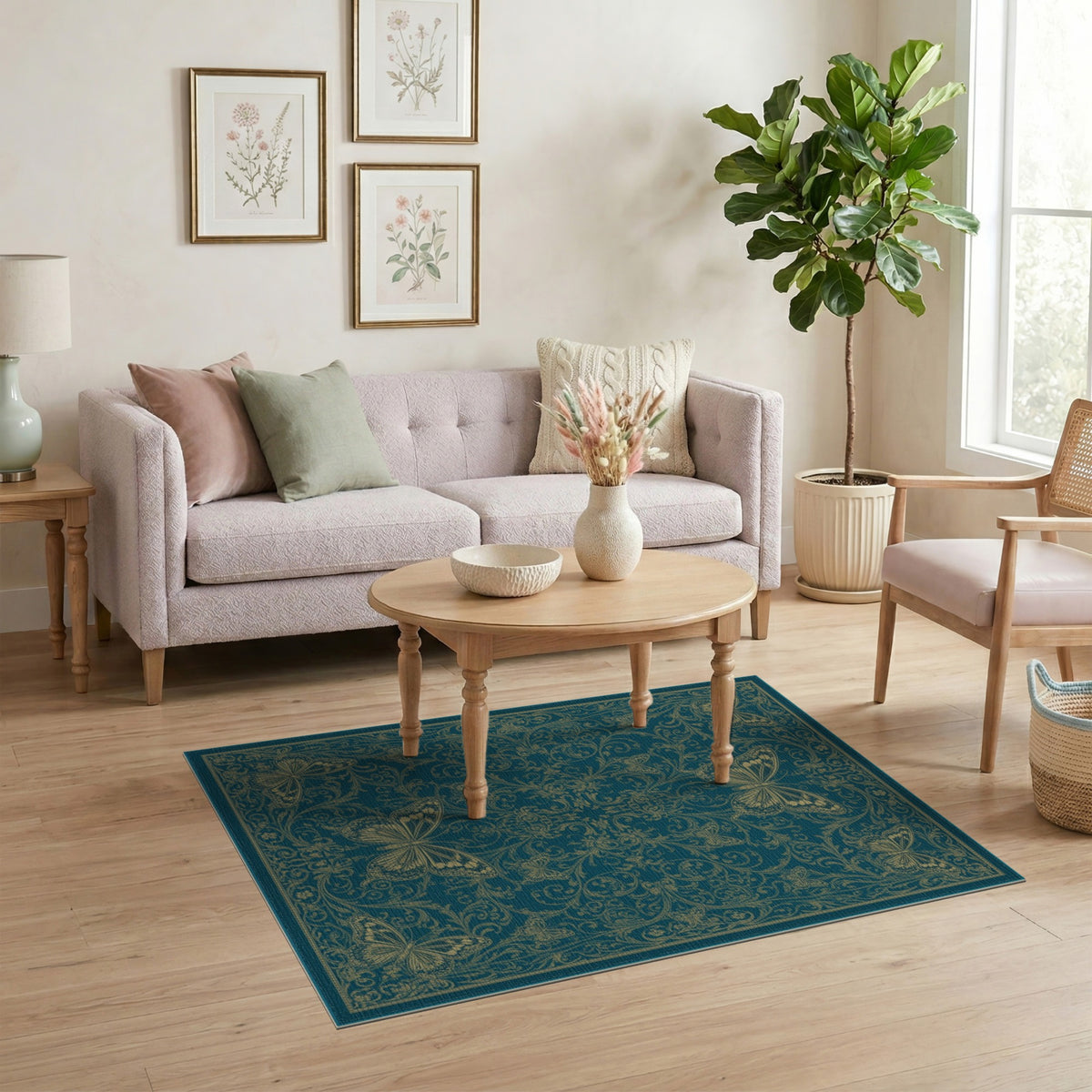 Blue and Teal Gold Butterfly Floral Area Rug