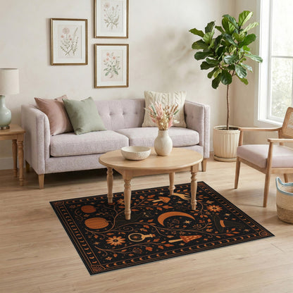 Orange Mystical Black Cat Moon Area Rug