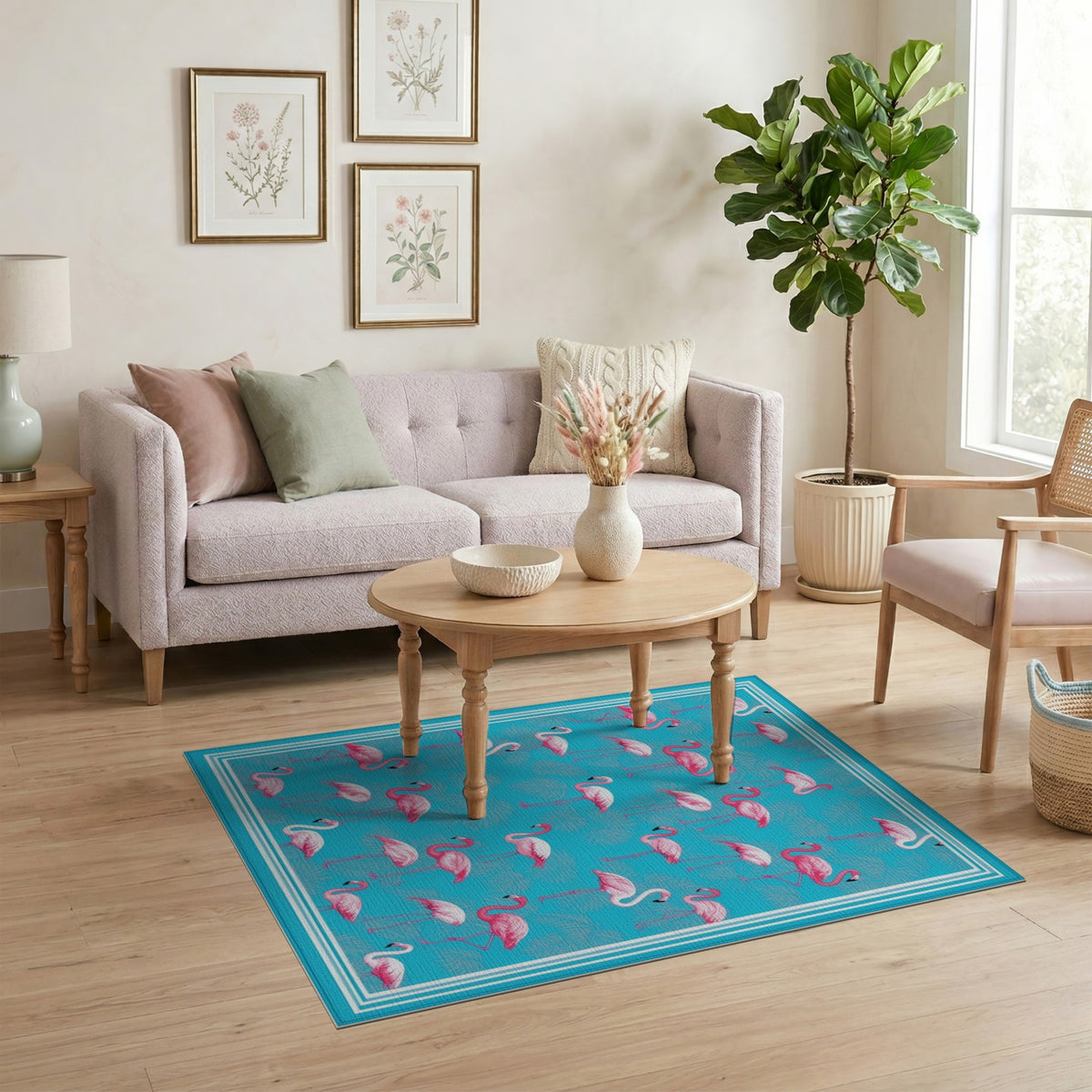 Pink Flamingo Blue Coastal Area Rug