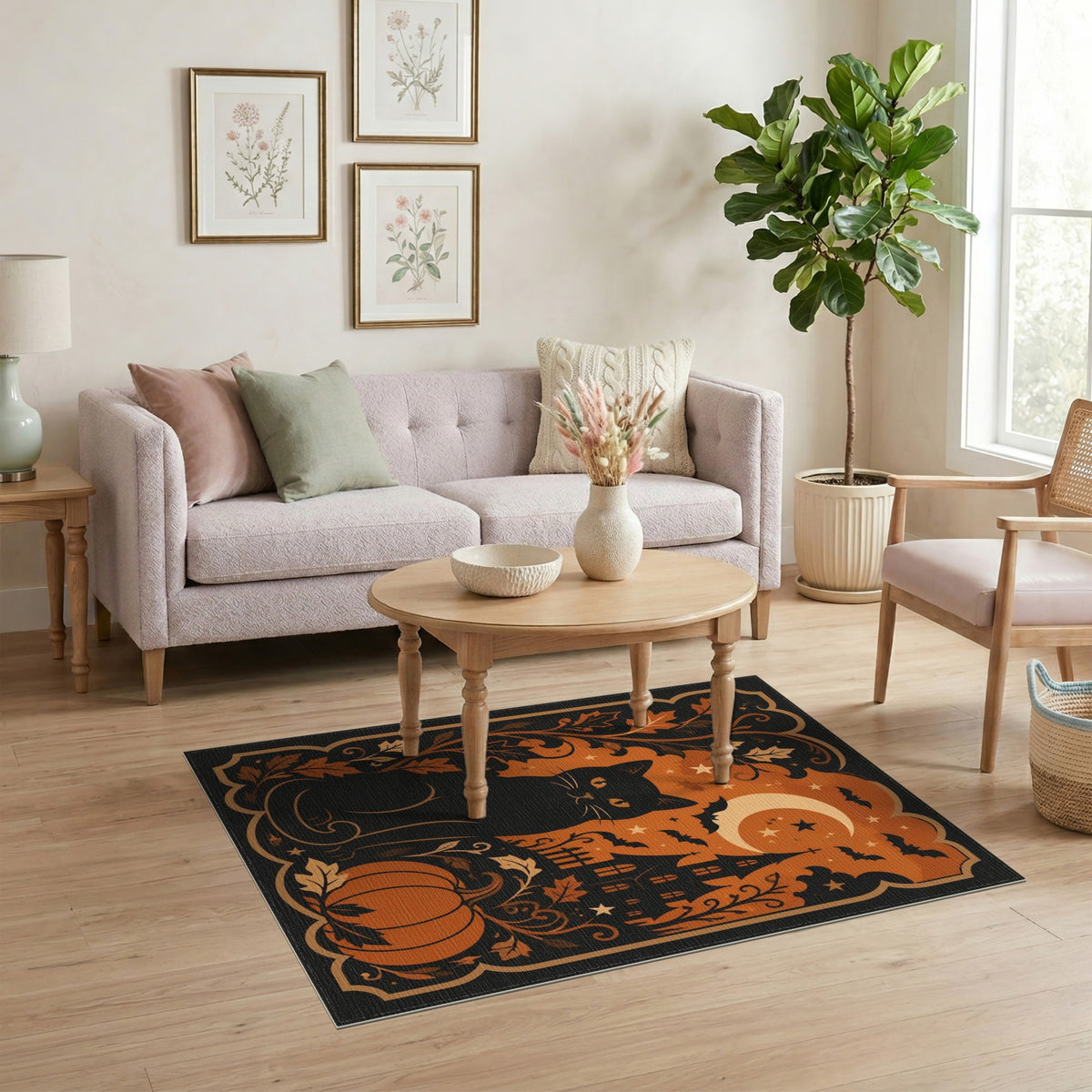 Distressed Vintage Orange Black Cat Pumpkin Halloween Area Rug