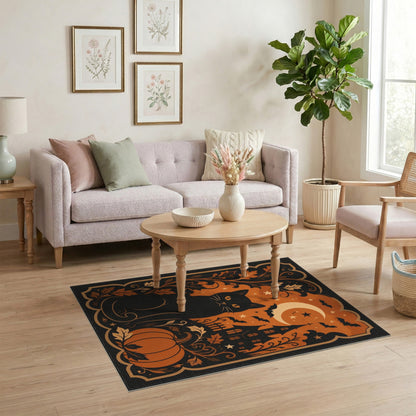 Distressed Vintage Orange Black Cat Pumpkin Halloween Area Rug