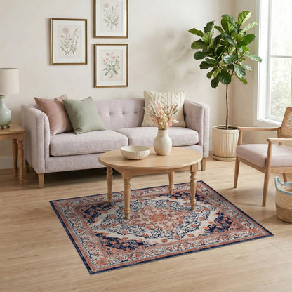 Navy Blue Orange Persian Medallion Rug