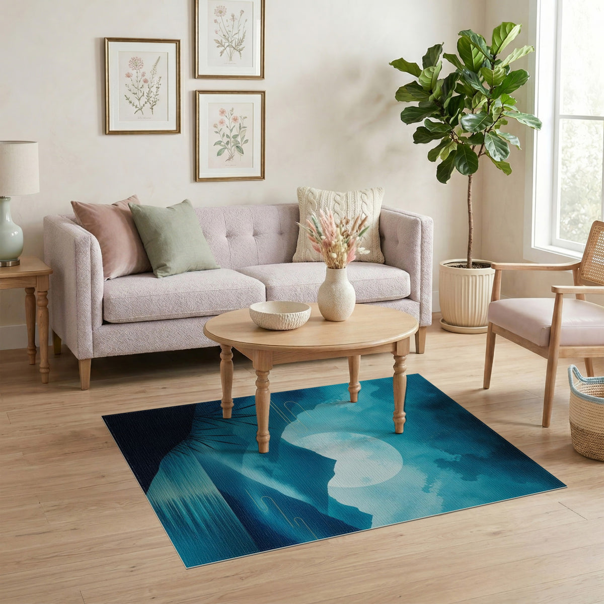 Blue Teal Moonlit Mountains Washable Area Rug