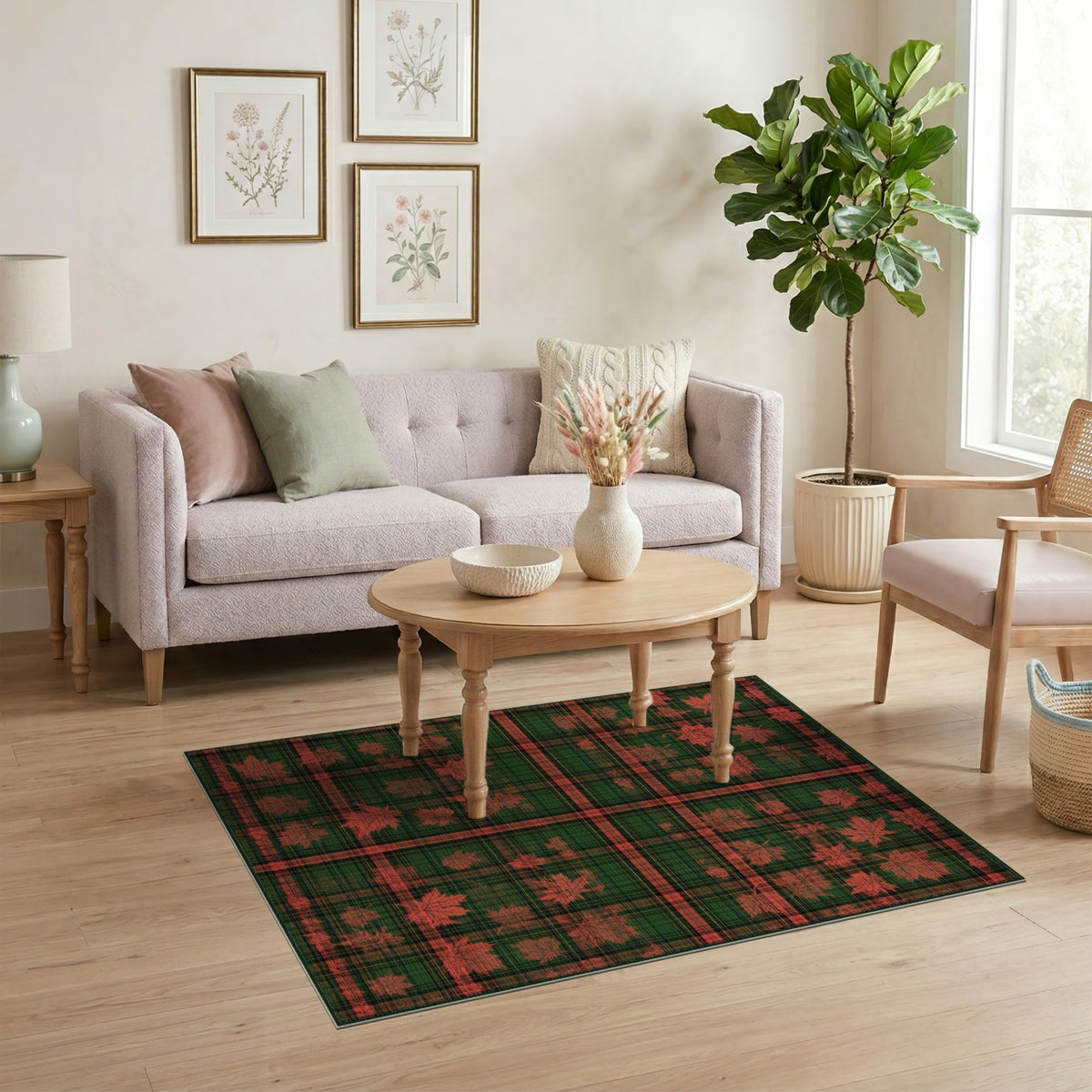 Green Plaid Maple Leaf Washable Area Rug