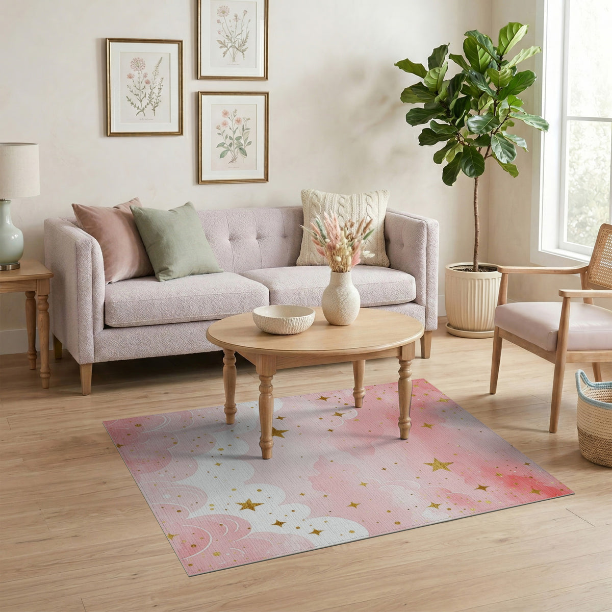 Pink Starry Clouds Kids Washable Area Rug