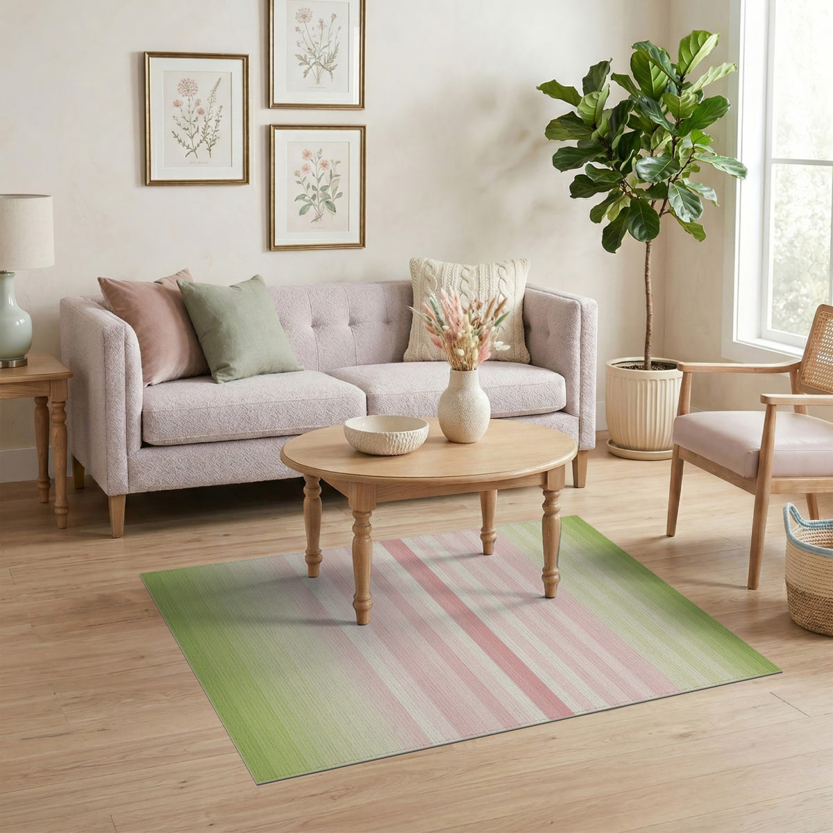 Pastel Pink Green Striped Washable Area Rug