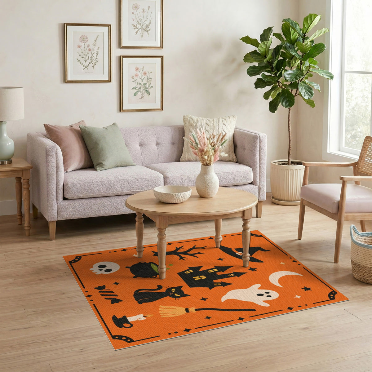 Spooky Halloween Orange Kids Cartoon Area Rug