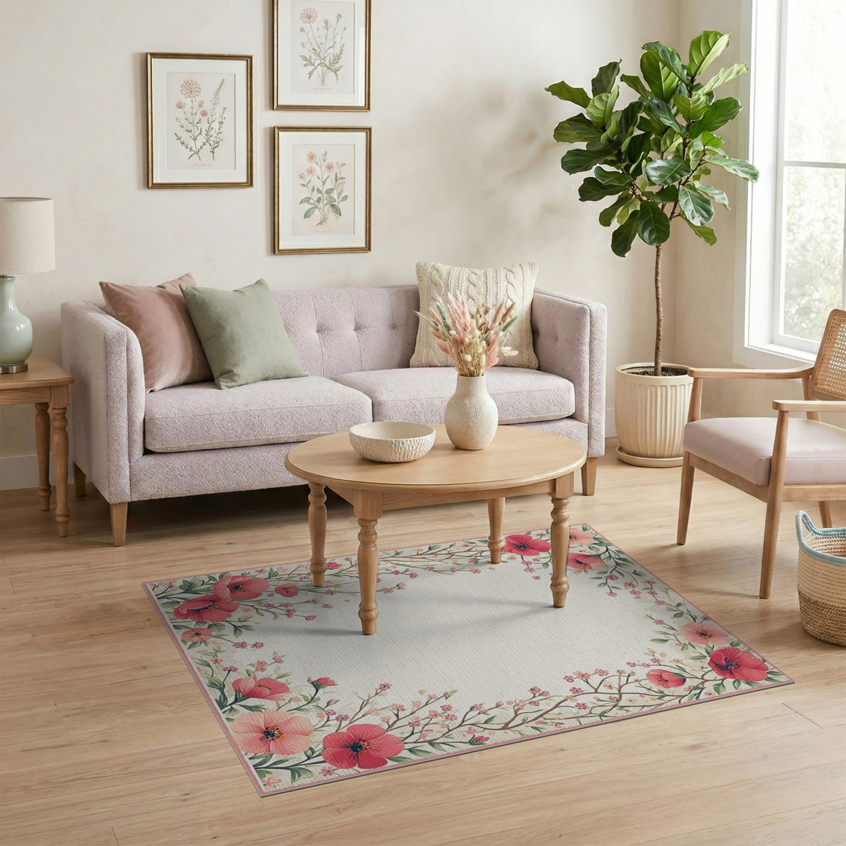 Floral Vintage Pink Poppy Floral Vintage Area Rug