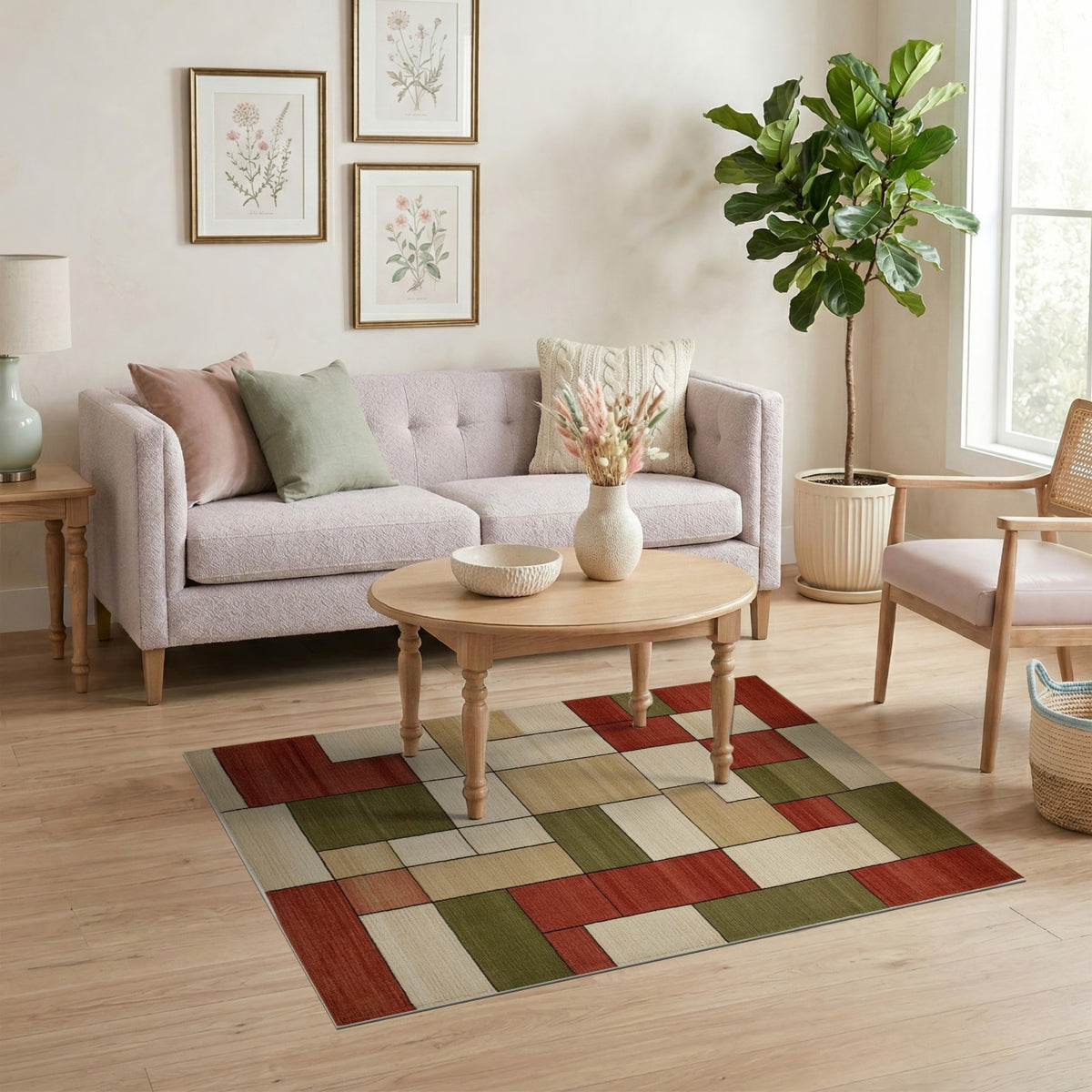Geometric Block Red Beige Area Rug