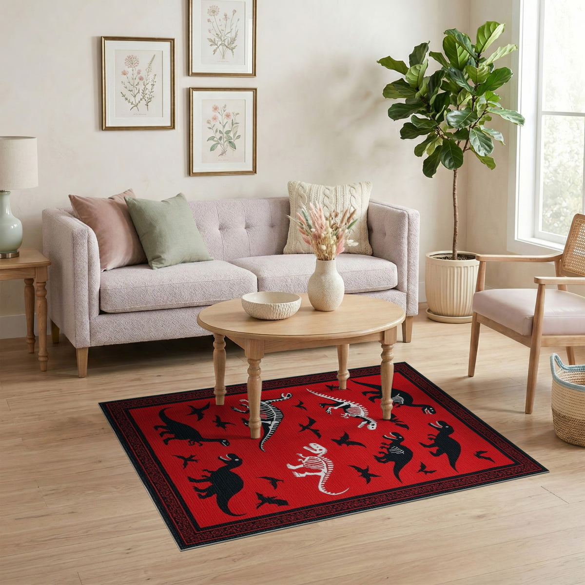 Red Dinosaur Skeleton Kids Area Rug