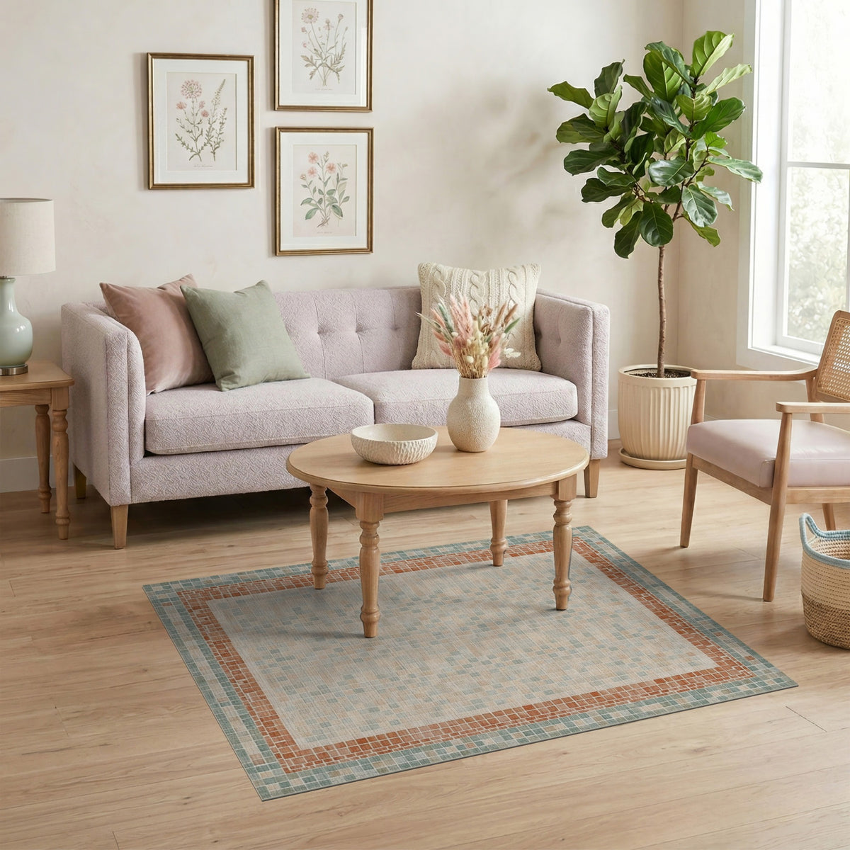 Beige Mosaic Tile Area Rug with Terracotta Border