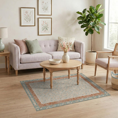 Beige Mosaic Tile Area Rug with Terracotta Border