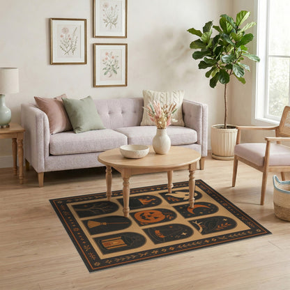 Halloween Folk Art Area Rug in Brown Tan