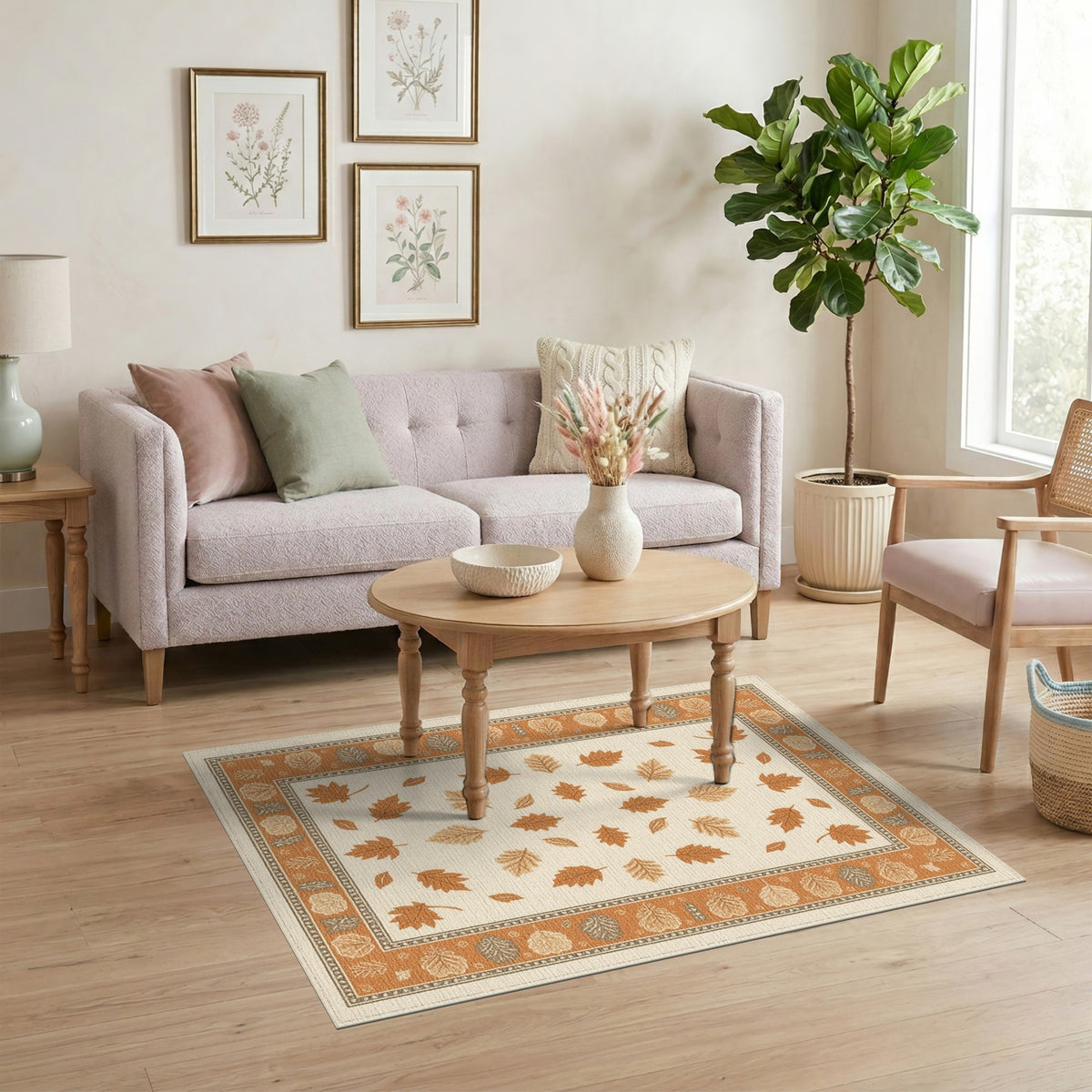 Beige Brown Leaf Border Area Rug