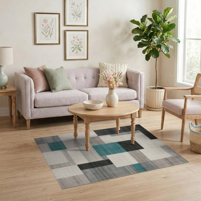 Modern Teal Geometric Area Rug Black Grey