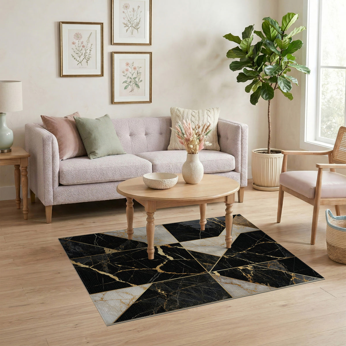 Black Gold Geometric Marble Area Rug