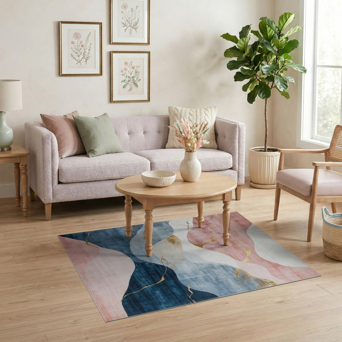 Pink Blue Abstract Wave Area Rug
