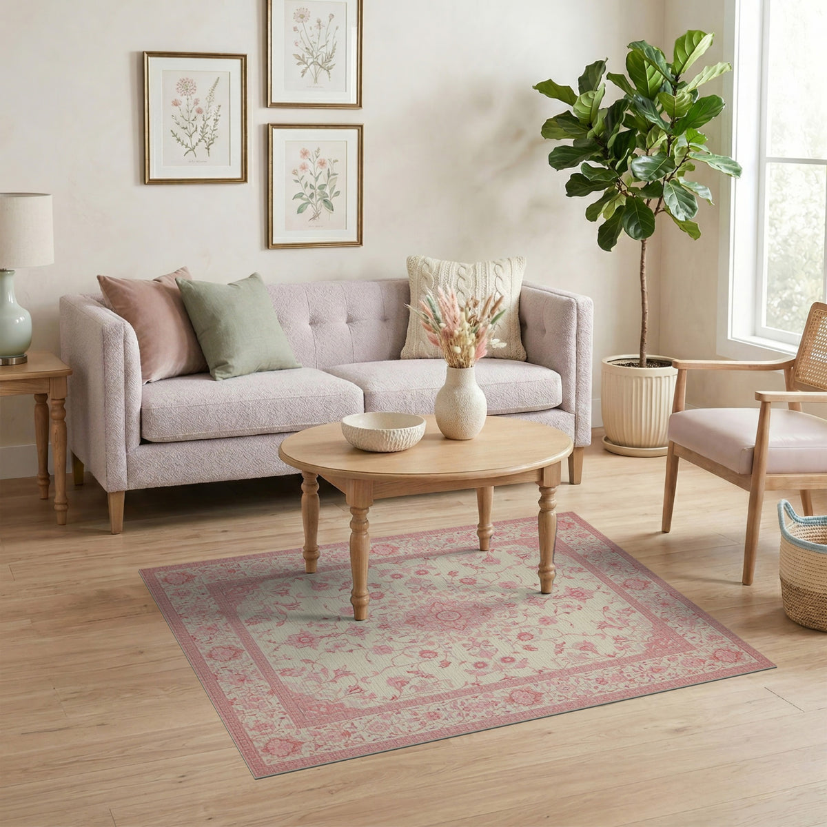 Pink Floral Medallion Vintage Rug