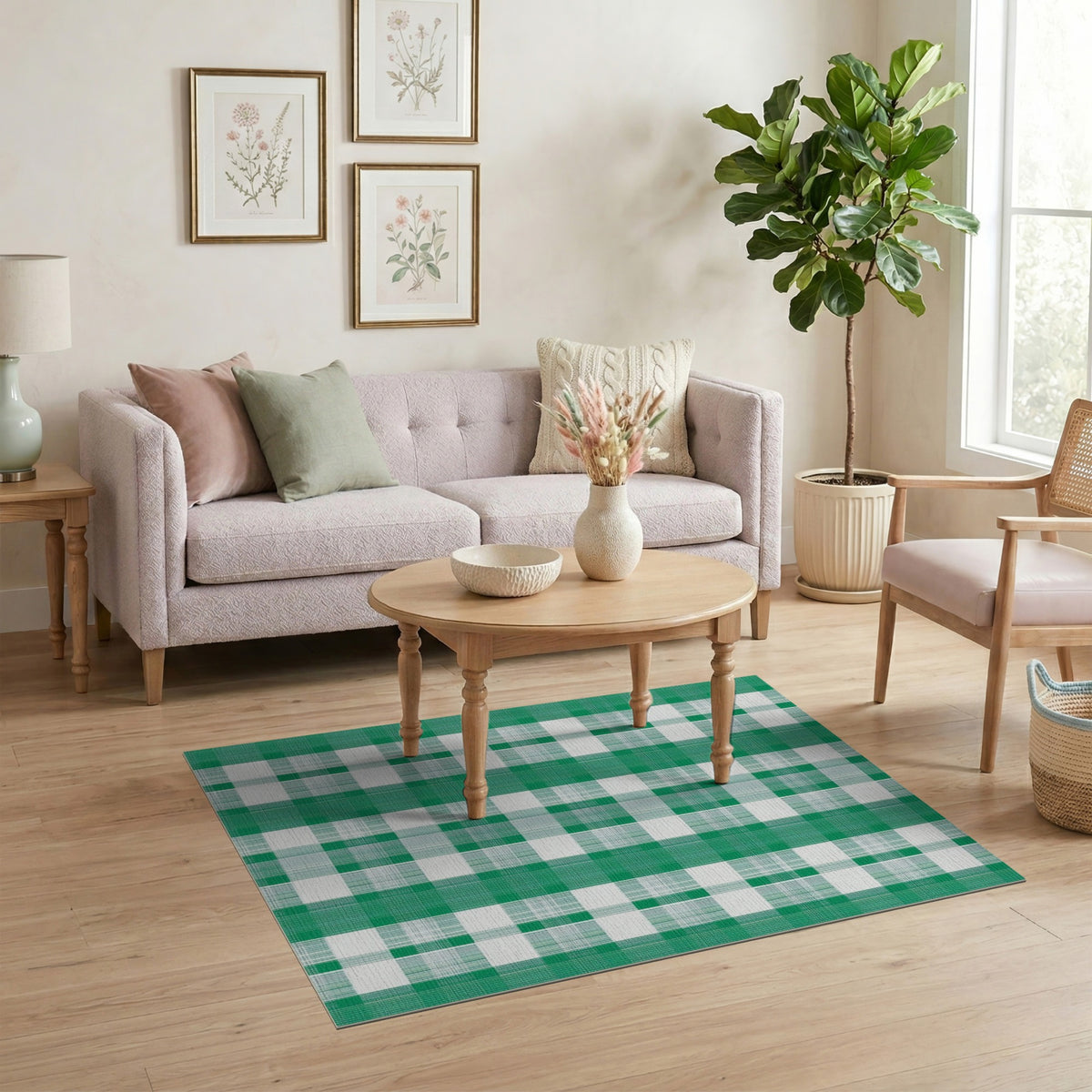 Green Checkered Washable Green Area Rug