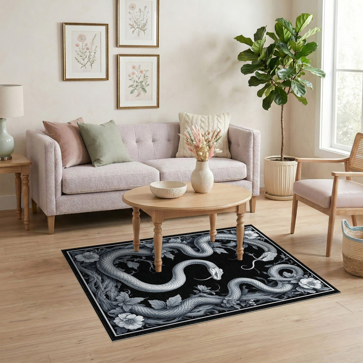 Floral Vintage Black White Serpent Floral Area Rug