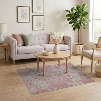 Pink Floral Vintage Washable No. 68 Area Rug