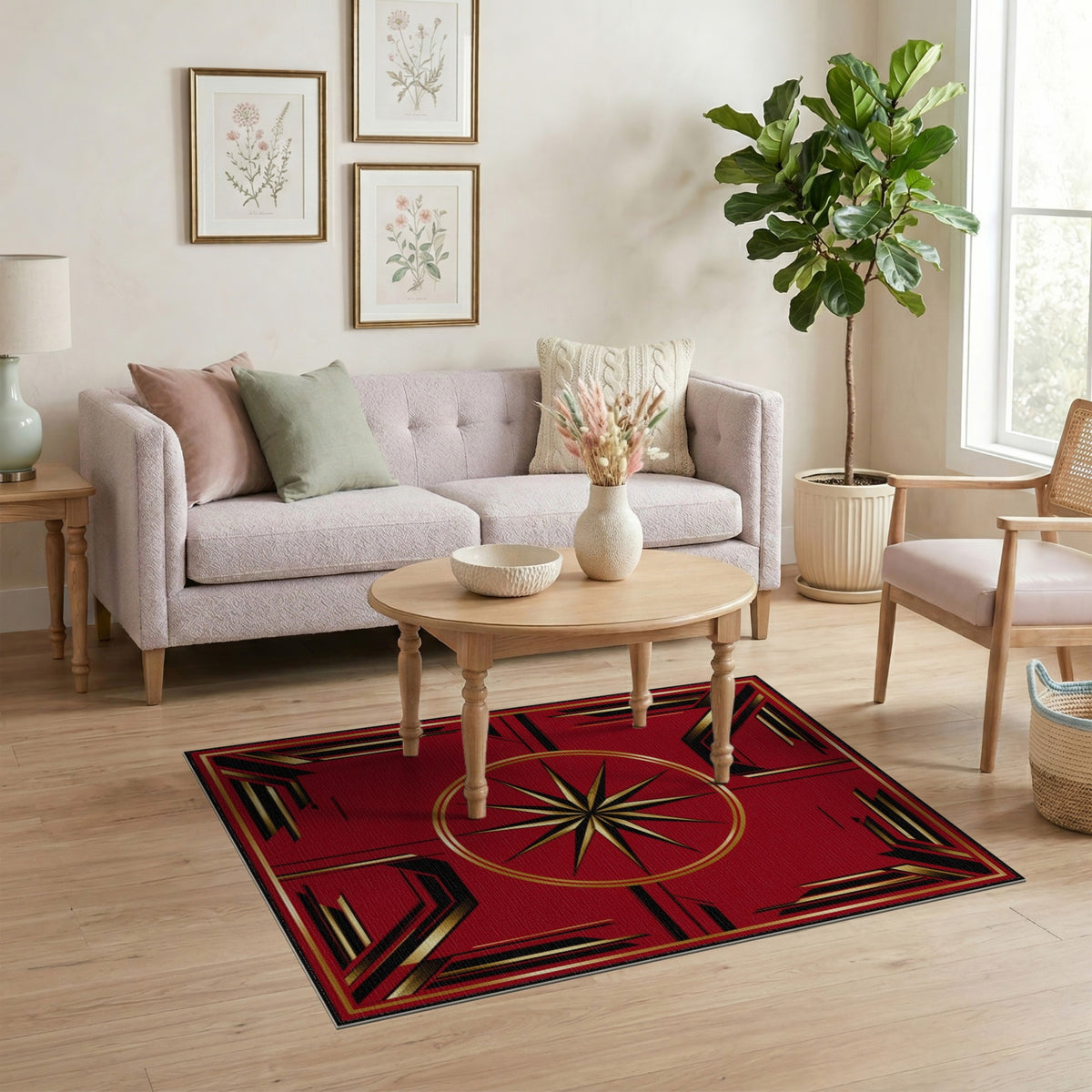 Geometric Modern Red Gold Starburst Geometric Area Rug