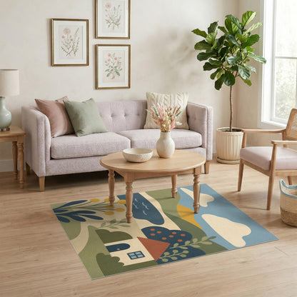Blue Hillside Cottage Washable Area Rug