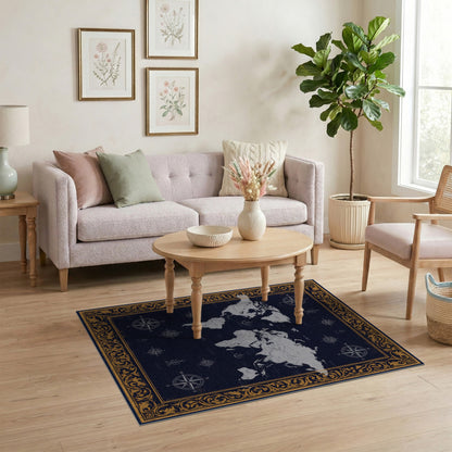 Navy Vintage World Map Rug with Gold Border