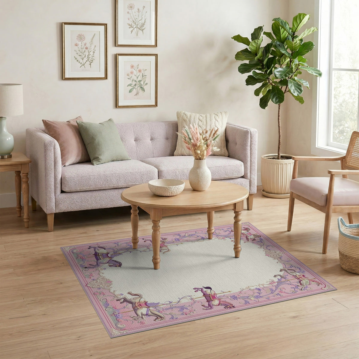Pink Carousel Horse Floral Area Rug