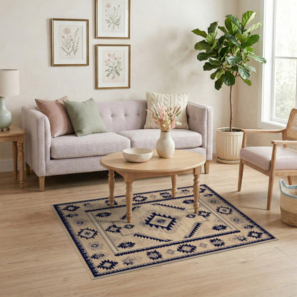 Beige and Neutral Navy Southwestern Geometric Area Rug
