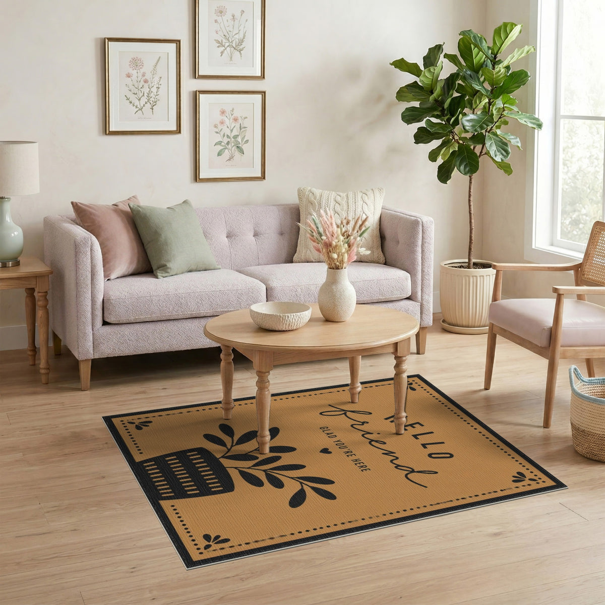 Hello Friend Welcome Area Rug in Brown Tan