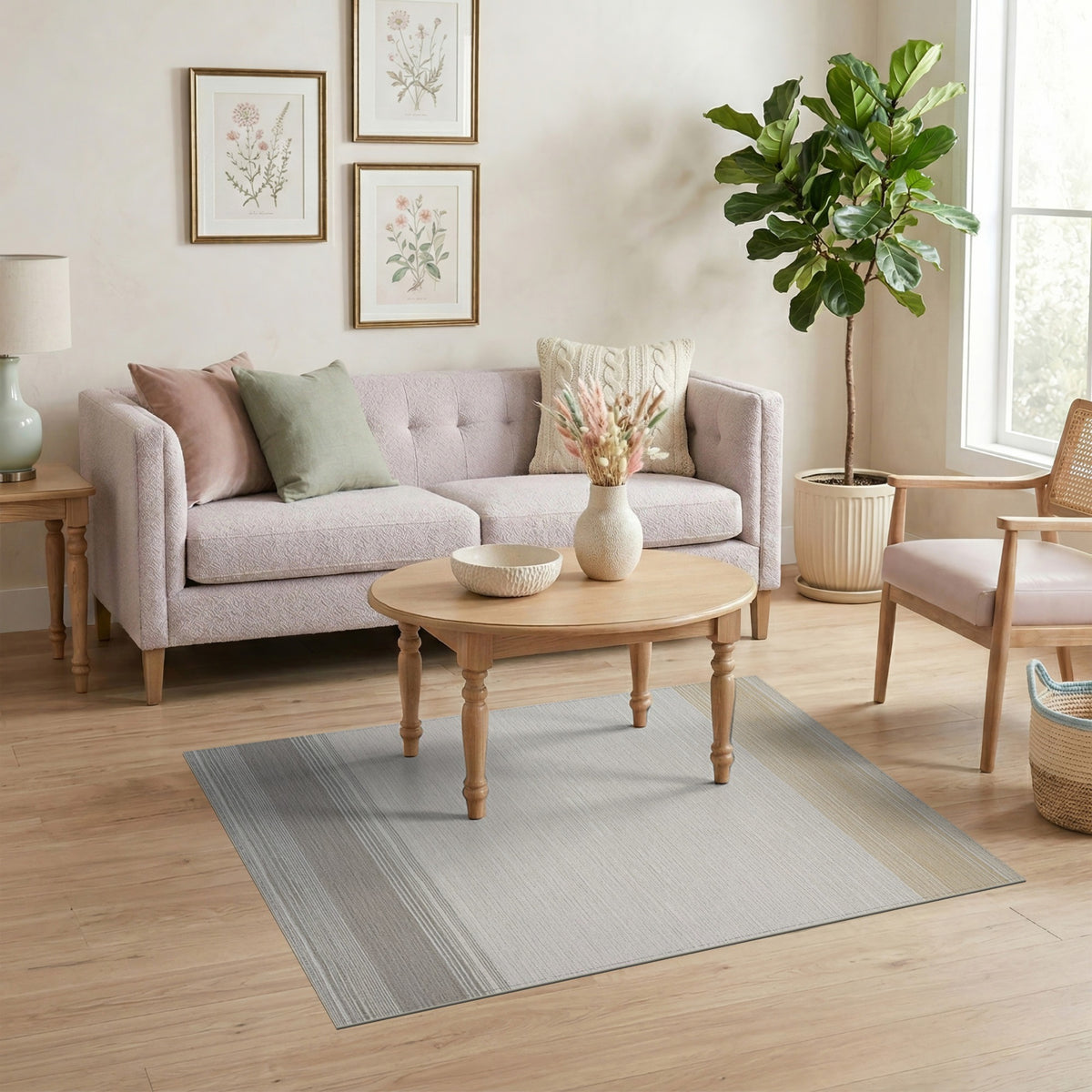 Beige Striped Washable Area Rug