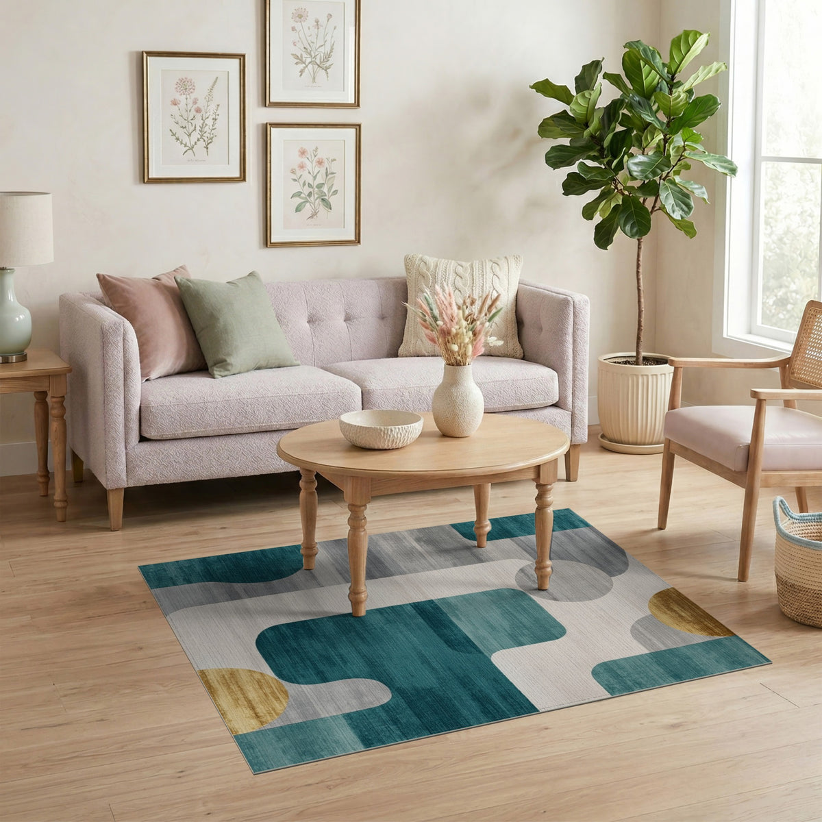 Teal Geometric Area Rug with Gold Accents