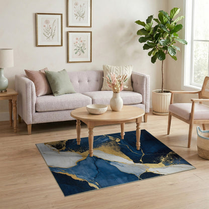 Blue and Teal Navy Blue Gold Abstract Marble Area Rug