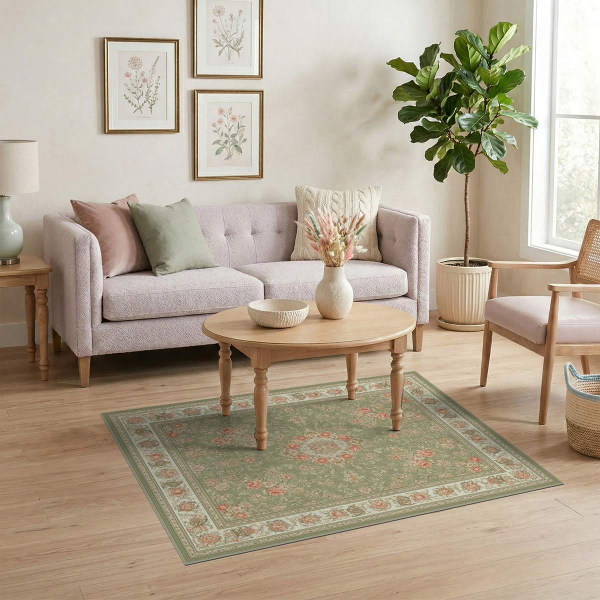 Sage Green Floral Vintage Area Rug