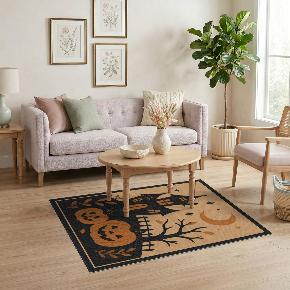 Spooky Haunted House Orange Pumpkins Area Rug