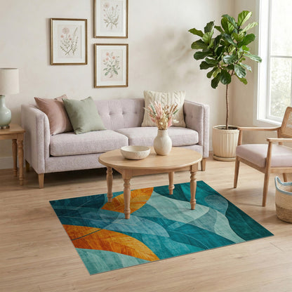Teal Blue Abstract Leaf Area Rug