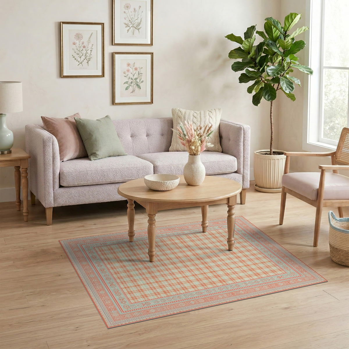Orange Gingham Area Rug with Teal Border
