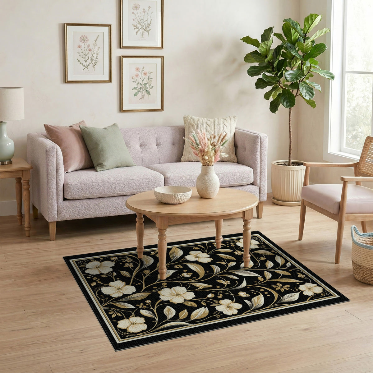 Black Floral Vintage Floral Vintage Area Rug
