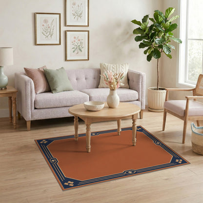Terracotta Orange Navy Geometric Border Rug