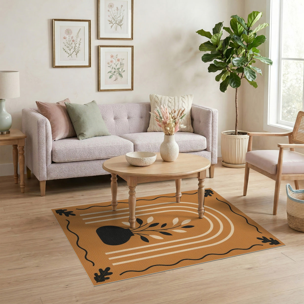 Orange Boho Vase Leaf Area Rug
