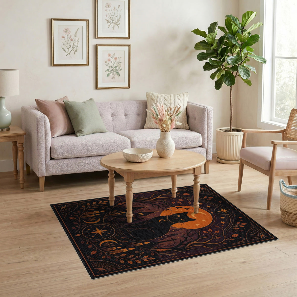 Black and White Mystical Black Cat Moon Area Rug