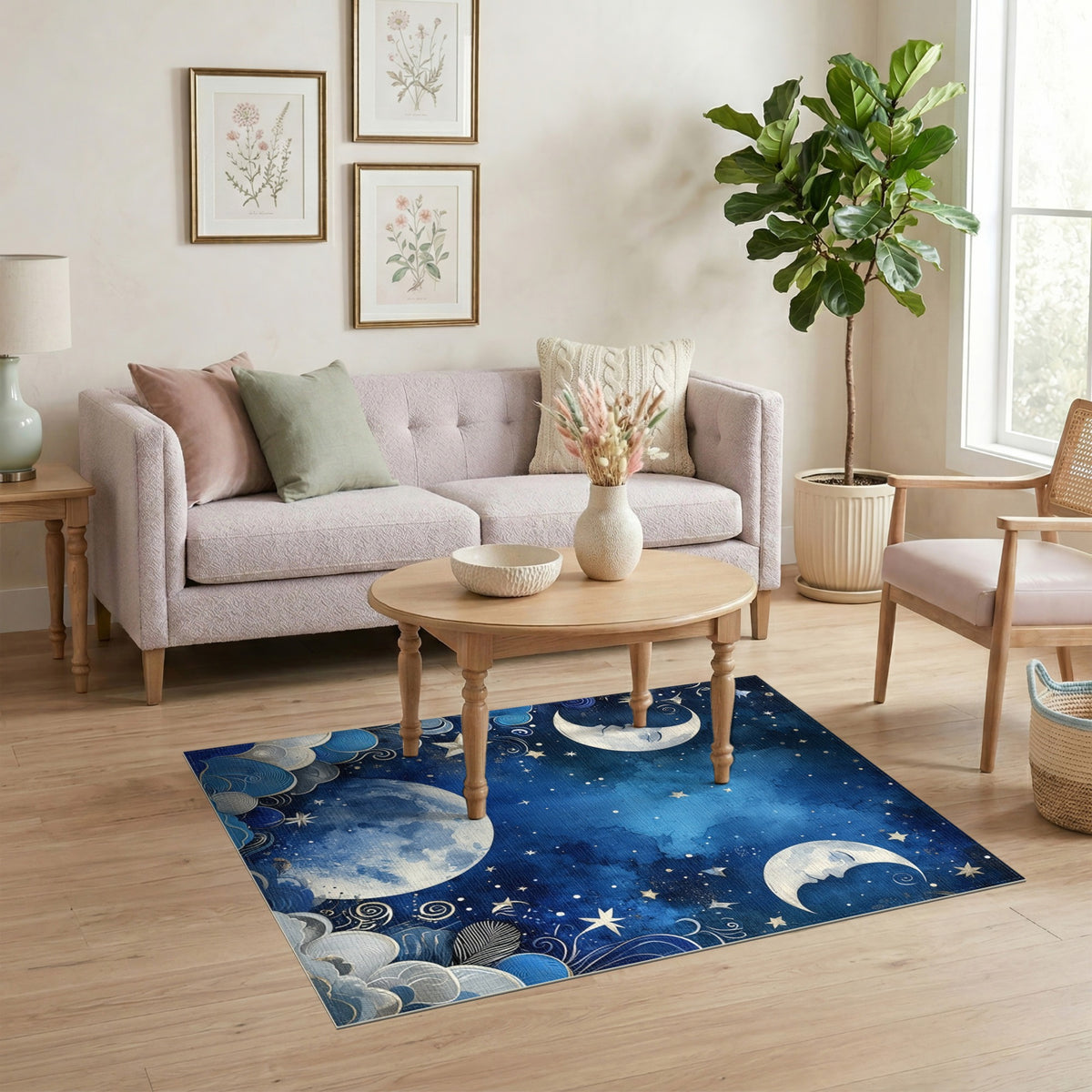 Celestial Moonlit Sky Blue Area Rug