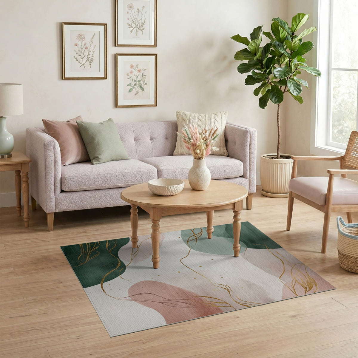 Abstract Green Gold Line Washable Rug
