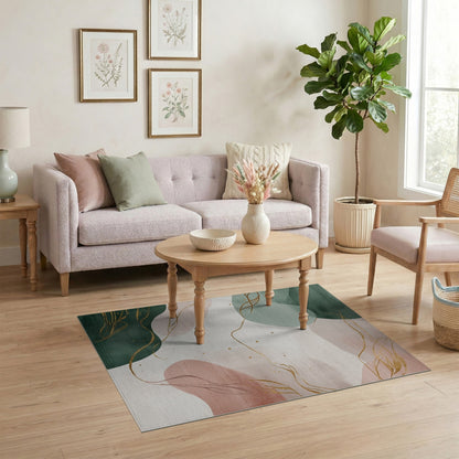 Abstract Green Gold Line Washable Rug