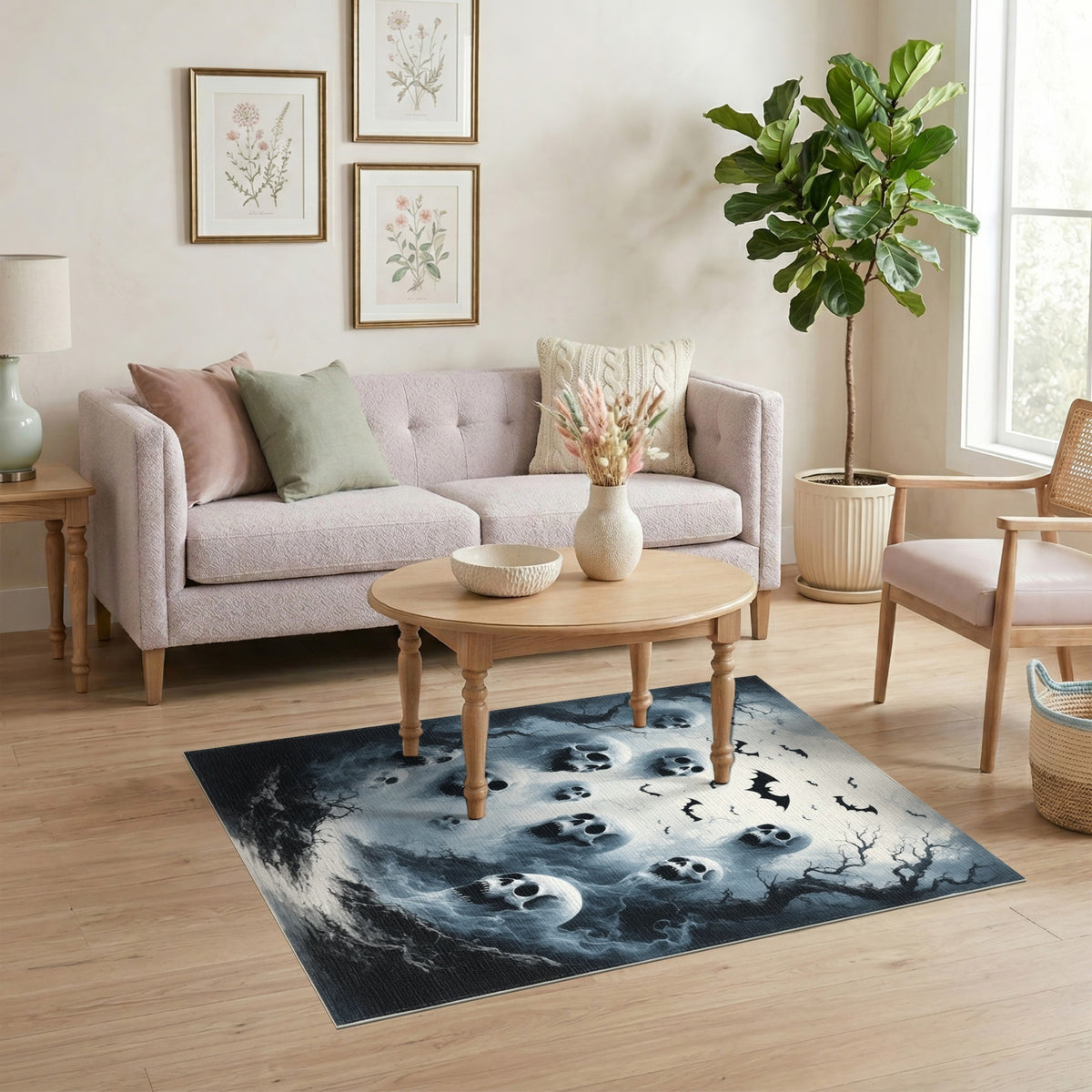 Eerie Skulls and Bats Black White Area Rug