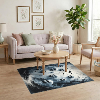 Eerie Skulls and Bats Black White Area Rug