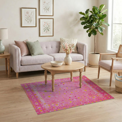 Pink Kids Area Rug with Hearts and Stars