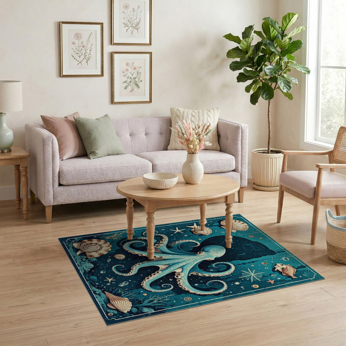 Coastal Beach Blue Octopus Coastal Area Rug