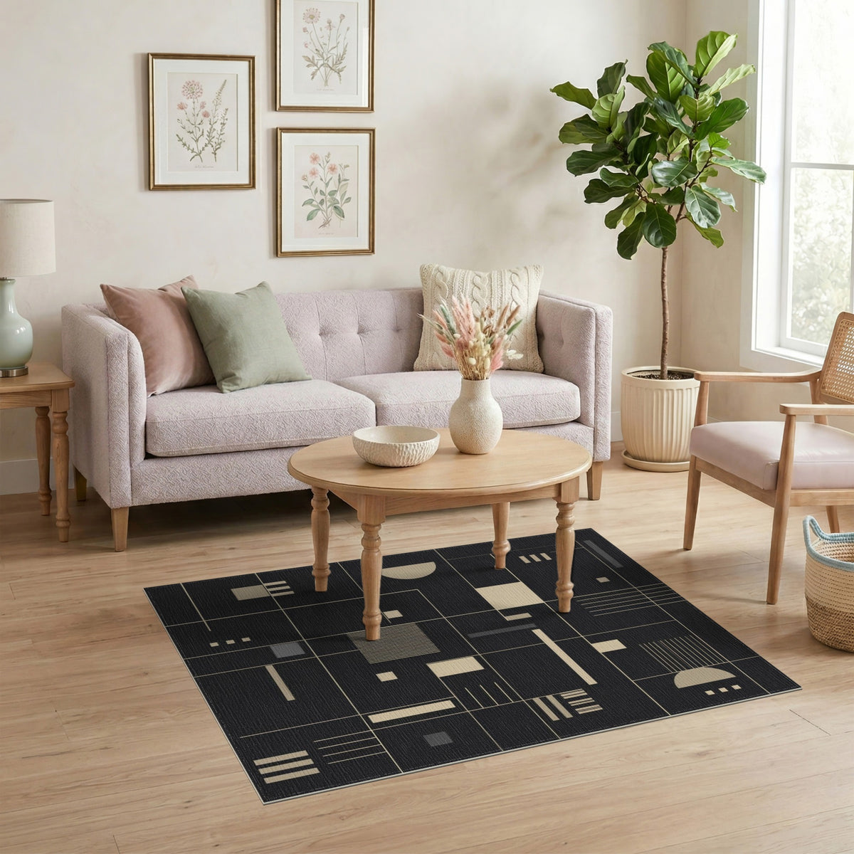 Black and White Modern Geometric Black Area Rug